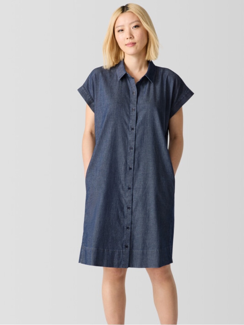 Eileen Fisher Airy Organic Cotton Twill Shirtdress Denim Blue Large